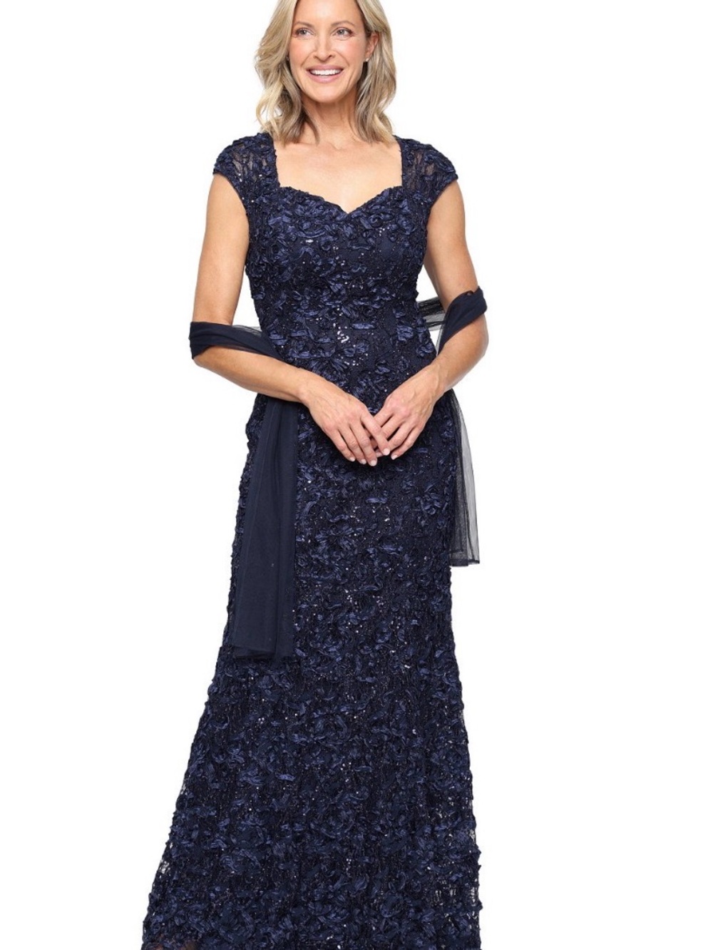 Alex Evenings Navy Lace Cap-Sleeve Maxi Gown with Shawl